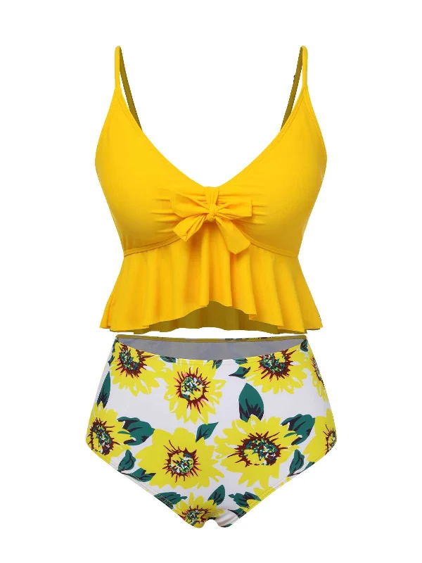 1960s Spaghetti Strap Floral Ruffles Swimsuit Classic Women's Tweed