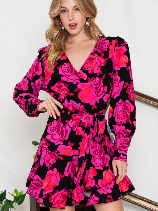Floral Print Surplice Neck Long Sleeve Dress performance