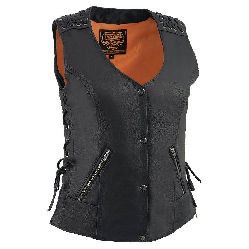 Milwaukee Leather MLL4525 Women's Black Leather Lightweight Lace to Lace Lower Zip Expansion Motorcycle Rider Vest Refined Women's Hand - crafted Milwaukee Leather MLL4525 Women's Black Leather Lightweight Lace to Lace Lower Zip Expansion Motorcycle Rider Vest Refined Women's Hand - crafted