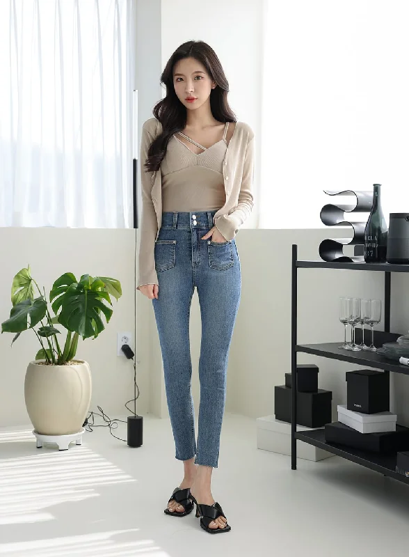 Double Button Raw Hem Skinny Jeans IA11 garde