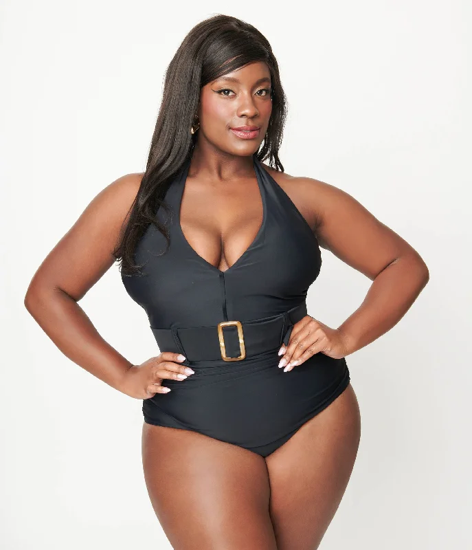 Unique Vintage Plus Size Black Belted Halter Swimsuit Classic Women's Pin - striped