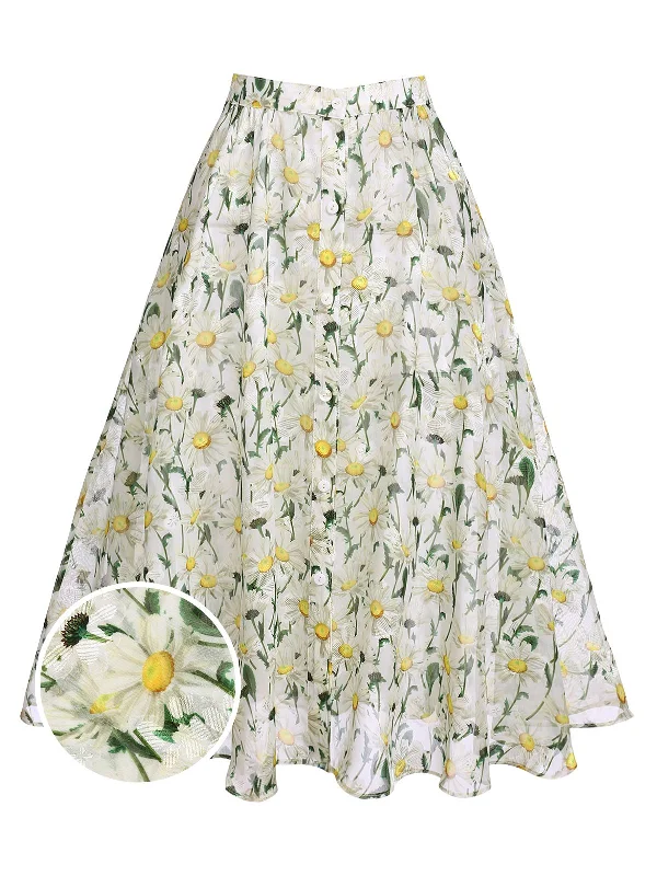 Retro White Floral Button Swing Cover-up Modern Women's 