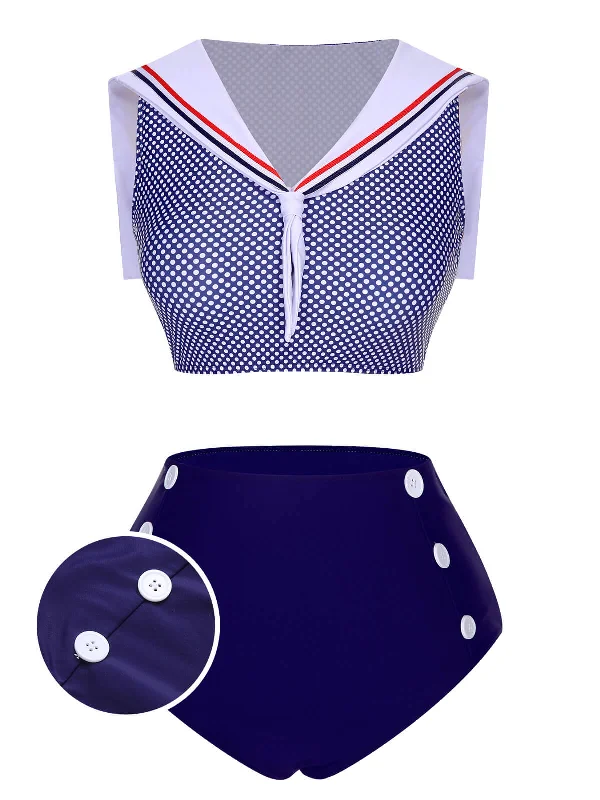 Dark Blue 1940s Dots Sailor Collar Swimsuit Women