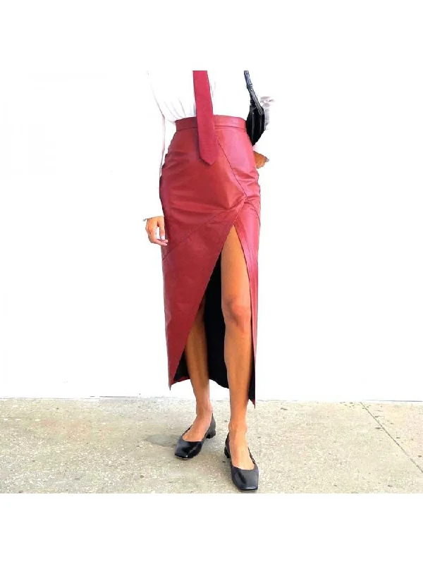 PU Patchwork Split Hem Bodycon Skirts Cashmere