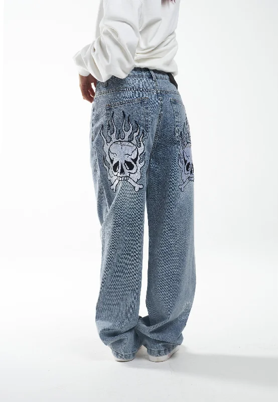 Womens Flaming Skull Relaxed Denim Trousers Jeans - Blue Trendy Women's 