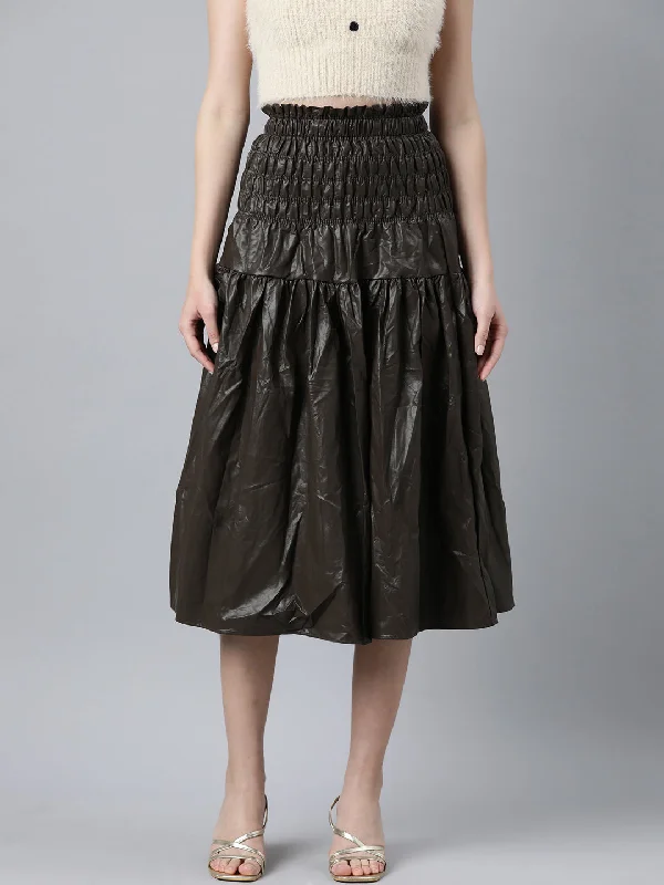 Women Solid Brown Flared Midi Skirt Vintage Women's 1970S 