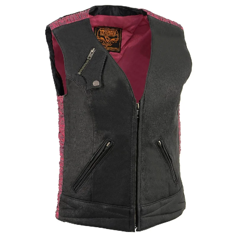 Milwaukee Leather MLL4571 Women's Black and Pink Lightweight Motorcycle Leather Vest w/ Crinkled Leather Design Dapper Women's 1920S