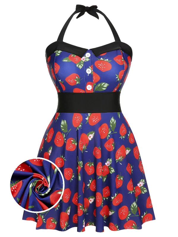 [Plus Size] Multicolor 1930s Colorblocked Strawberry Halter Swimsuit Feminine Women's Soft 