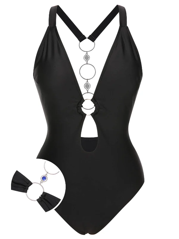 1950s Solid Hollow-out One-Piece Swimsuit Unique Women's Upcycled