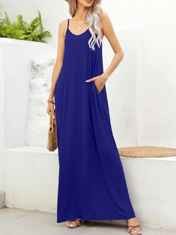 Spaghetti Strap V-Neck Maxi Dress with Pockets Classic Women's Pin - striped
