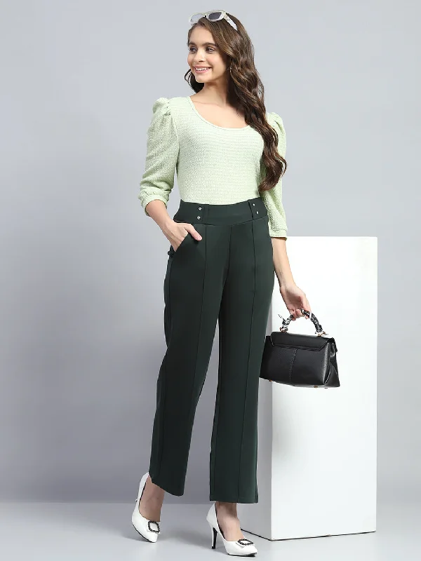 Women Bottle Green Solid Regular Fit Trouser French