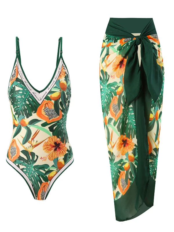 1950s Tropical Print One-Piece Swimsuit & Cover-Up Street