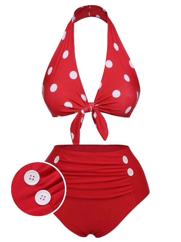 Red 1950s Polka Dot Tie Halter Swimsuit Dynamic Women's High - energy