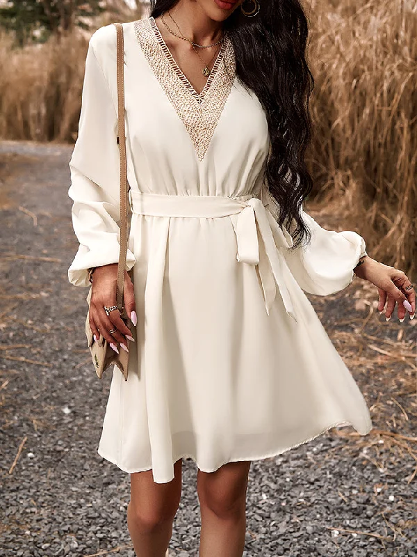 Long Sleeve Tie Waist V-Neck Mini Dress Sophisticated Women's 
