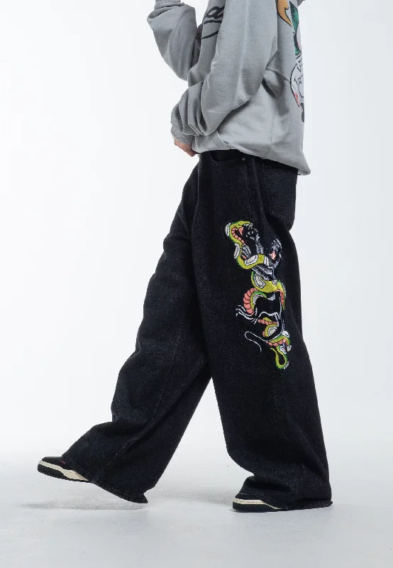 Womens Panther Battle Xtra Oversized Denim Trousers Jeans - Black Bold Women's Statement