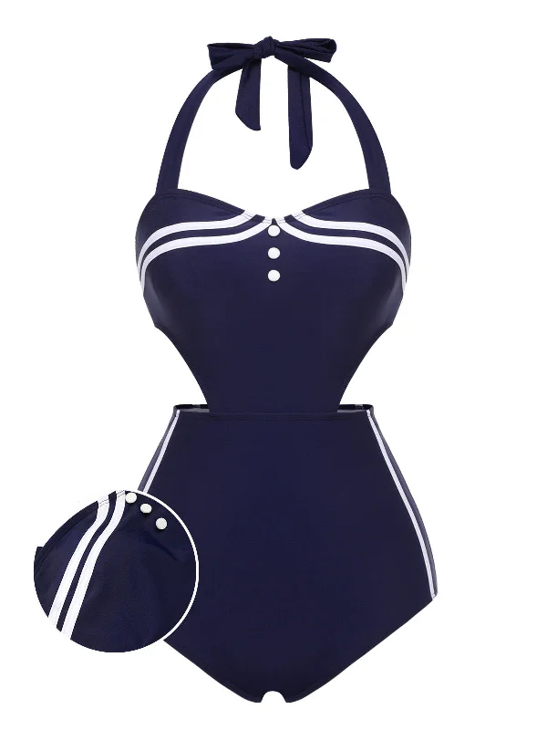 Navy Blue 1930s Halter One-piece Swimsuit Bold Women's Animal Print