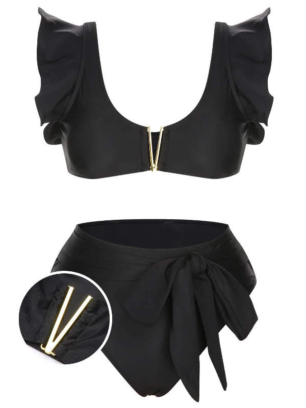 Black 1950s Ruffle Sleeve Split Swimsuit Laid - back Women's Style