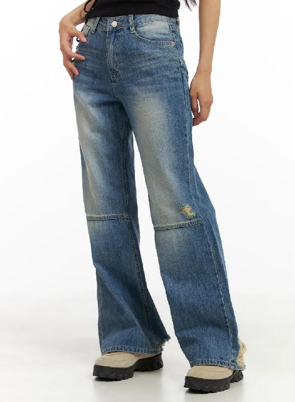 Semi-Destroyed Straight Jeans CA424 Bohemian Women's Free