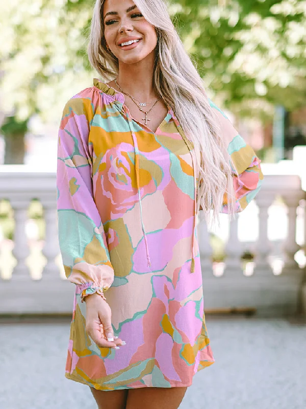 Printed Tie Neck Long Sleeve Dress Trendy Women's Oversized