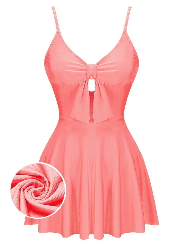 Pink 1940s Bow Strap One-piece Swimsuit Youthful Women's Pop