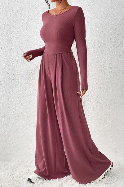 Concordia Lounge Set - Round Neck Top and Ribbed Knit Wide-Leg Pants | 3 Colors Elegant Women's Concordia Lounge Set - Round Neck Top and Ribbed Knit Wide-Leg Pants | 3 Colors Elegant Women's