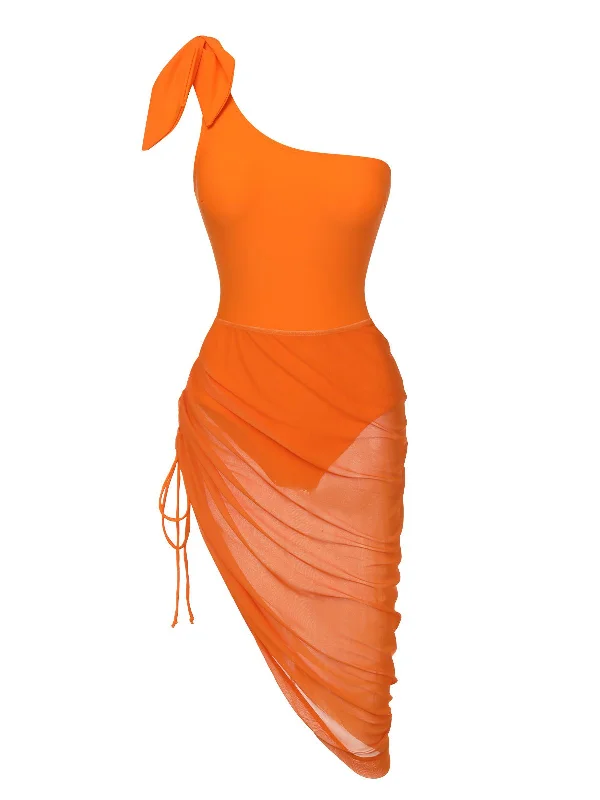 Orange 1940s Solid Swimsuit & High Low Cover-Up French