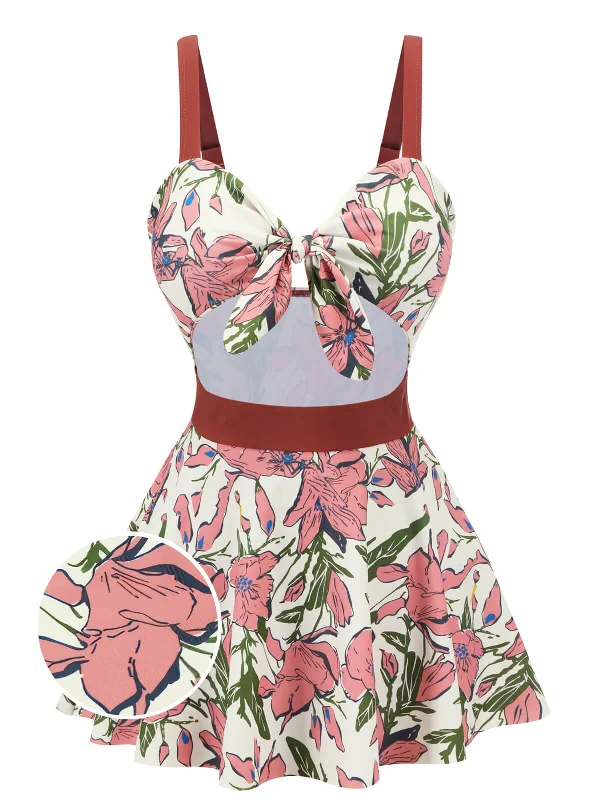 Pink 1940s Floral Strap One-Piece Swimsuit Dynamic Women's Moto