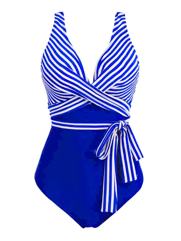 [Plus Size] 1950s Stripe Lace Up Patchwork One-Piece Swimsuit Unique Women's Upcycled