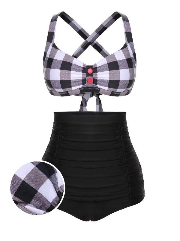 1950s Double Strap Buttoned Plaids Swimsuit Rugged Women's Outdoor 