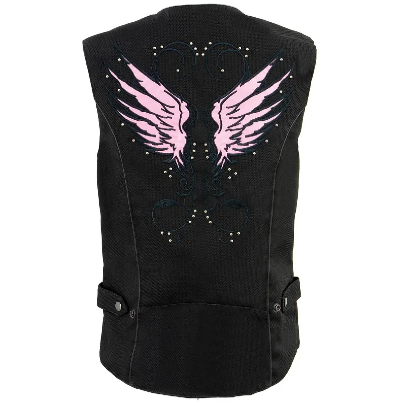 Milwaukee Leather SH1955 Ladies Black and Pink Textile Vest with Wing Embroidery Casual Women's Japanese Milwaukee Leather SH1955 Ladies Black and Pink Textile Vest with Wing Embroidery Casual Women's Japanese