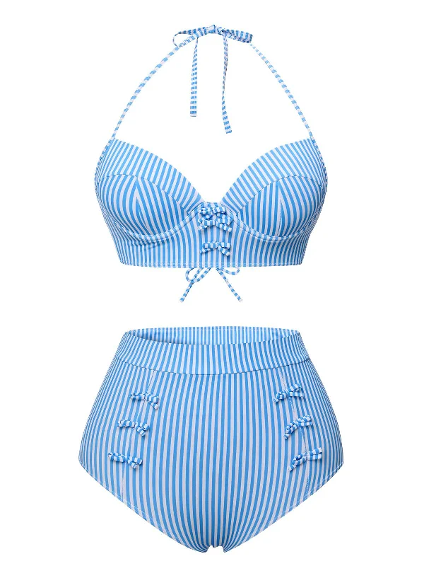 Blue 1950s Halter Bow Stripes Swimsuit Tough Women's Military - inspired