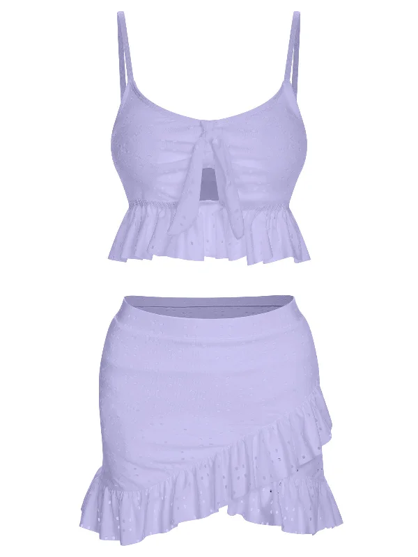 1950s Spaghetti Strap Solid Ruffles Swimsuit & Cover-Up Refined Women's Classic 