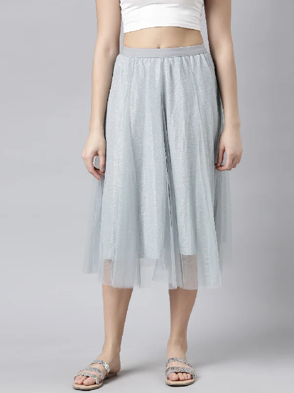 Women Solid Grey Flared Midi Sheer Skirt Trendy Women's 
