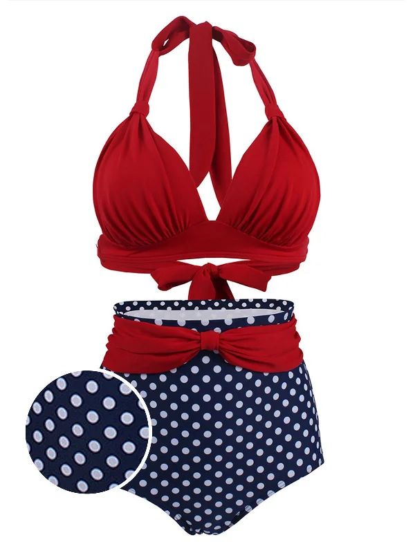 1950s Polka Dot Pleated Halter Bikini Sleek Women's 