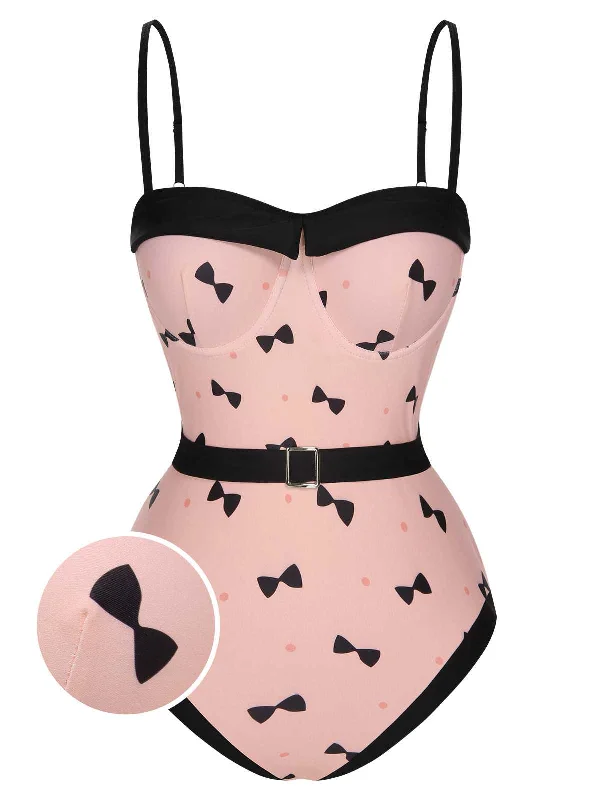Pink 1950s Bow Polka Dots Print One-Piece Swimsuit Earthy Women's Hemp - based