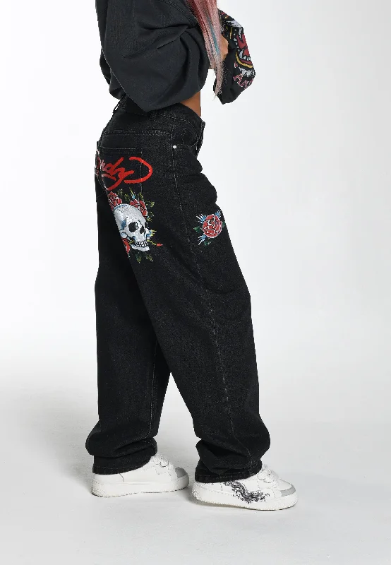 Womens Blooming Death Relaxed Denim Trousers Jeans - Black Stylish Women's Tropical 