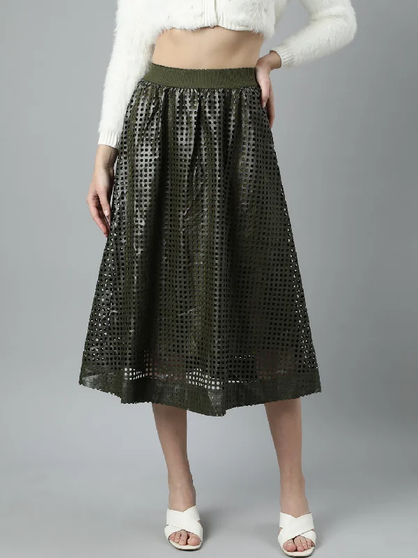 Women Self Design Olive Flared Midi Skirt Laid - back Women's Style