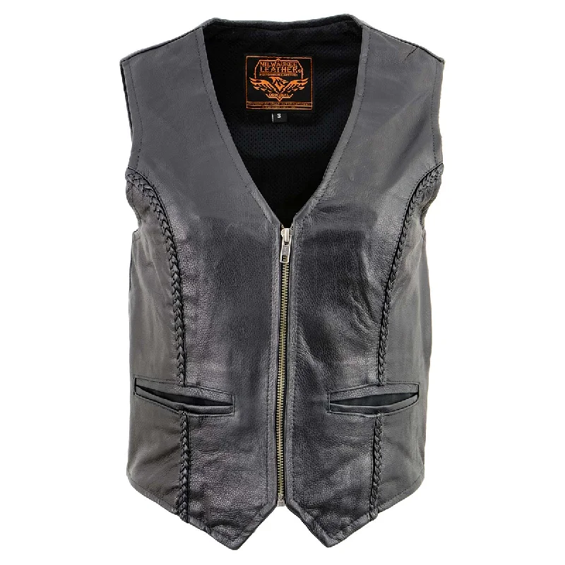 Milwaukee Leather XS1246 Ladies Black 'Braided' Classic Leather Vest Adventure