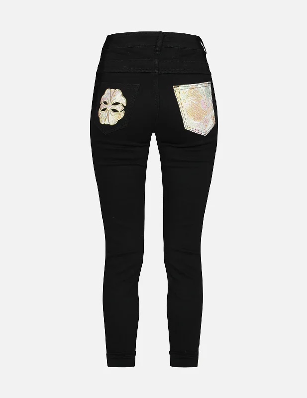 Brocade Kamon and Floral Flow Skinny Fit Jeans Elegant Women's Formal 