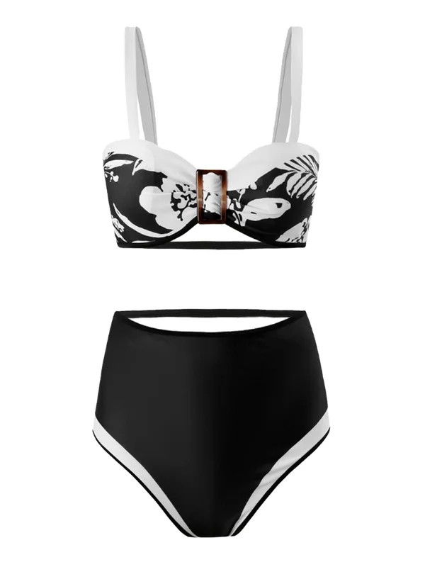 1940s Floral Contrast Patchwork Strap Swimsuit Artistic Women's Avant - 