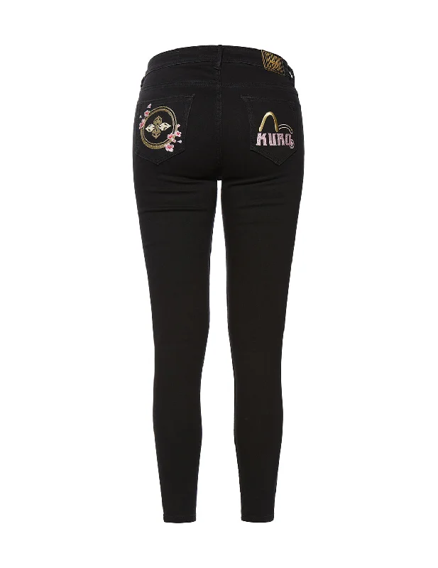 Floral Embroidered Skinny Cropped Jeans Practical Women's Multi - 