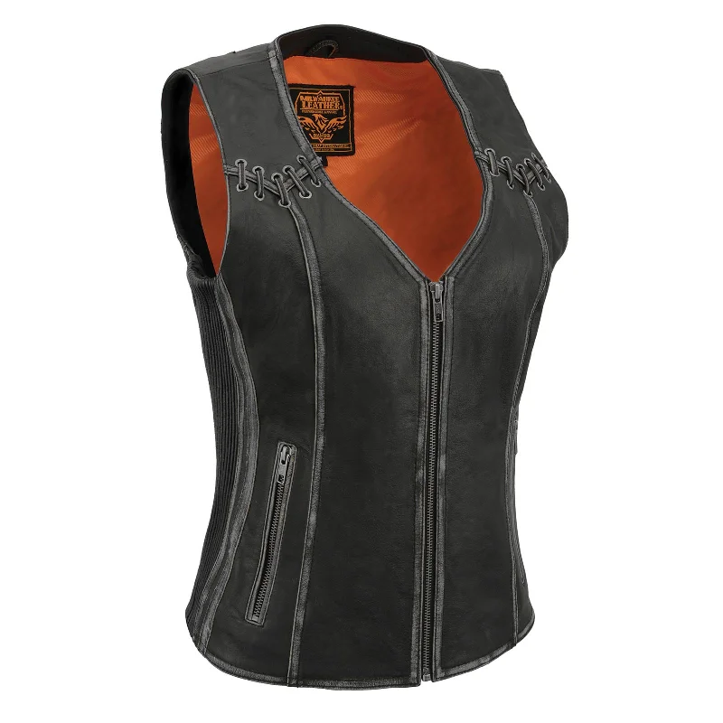 Milwaukee Leather MLL4526 Women's Distress Grey Leather Motorcycle Rider Vest- Stretch Side Panel W/ Lacing Detail Modern Women's Milwaukee Leather MLL4526 Women's Distress Grey Leather Motorcycle Rider Vest- Stretch Side Panel W/ Lacing Detail Modern Women's