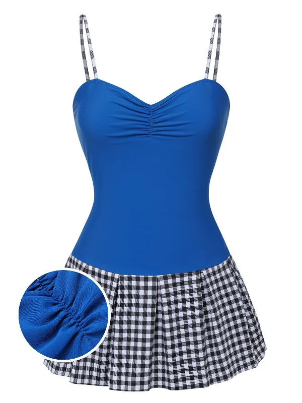 Blue 1960s Plaid Patchwork Strap Swimsuit Casual Women's Japanese 
