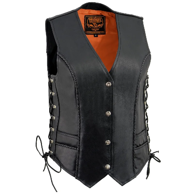 Milwaukee Leather ML2042 Women's Black Thin Braid Premium Leather Side Lace Motorcycle Rider Vest w/ Front Snap Closure Tough Women's Military - inspired Milwaukee Leather ML2042 Women's Black Thin Braid Premium Leather Side Lace Motorcycle Rider Vest w/ Front Snap Closure Tough Women's Military - inspired