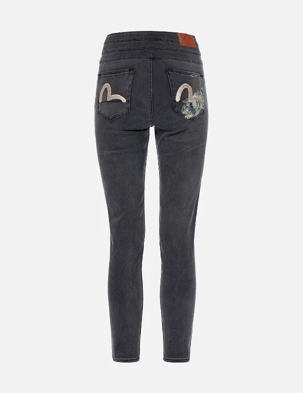 Koi Print and Seagull Embroidery Super High-Waist Skinny Jeans Sharp Women's Italian