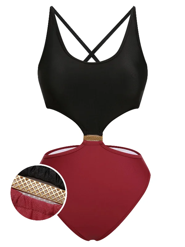 Red & Black 1950s Solid Patchwork Lace Up Swimsuit Refined Women's Hand - crafted