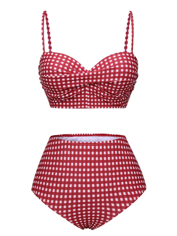 1950s Gingham Plaid Suspender Swimsuit Traditional Women's Wool