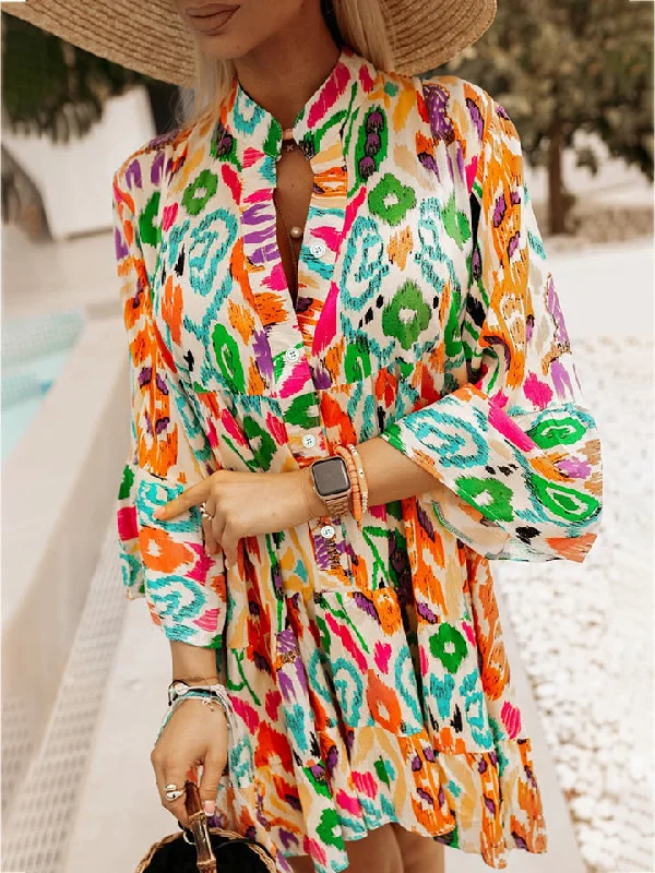 Printed Buttoned Long Sleeve Dress Athletic Women's High - 