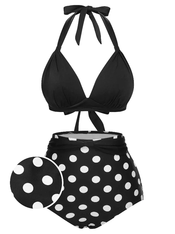 1950s Halter Contrast Polka Dots Swimsuit Sleek Women's Metallic