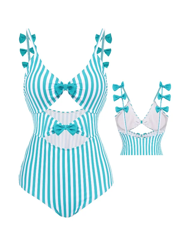 Blue 1960s Stripe Strap Bow One-Piece Swimsuit Cozy Women's Winter